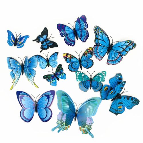 12PCS PVC 3D Butterfly Fridge Magnets Refrigerator Magnets Wall Stickers with Magnet for Wall Decor Art Decor Crafts Home Party Decoration (Blue)