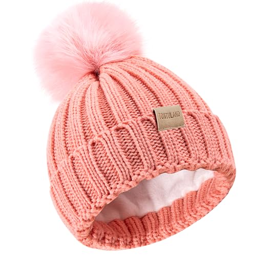 Children's Winter Warm Pompom Hat Fleece Lined Knit Beanie for Kids Aged 3-9, Perfect for Boys and Girls Pink