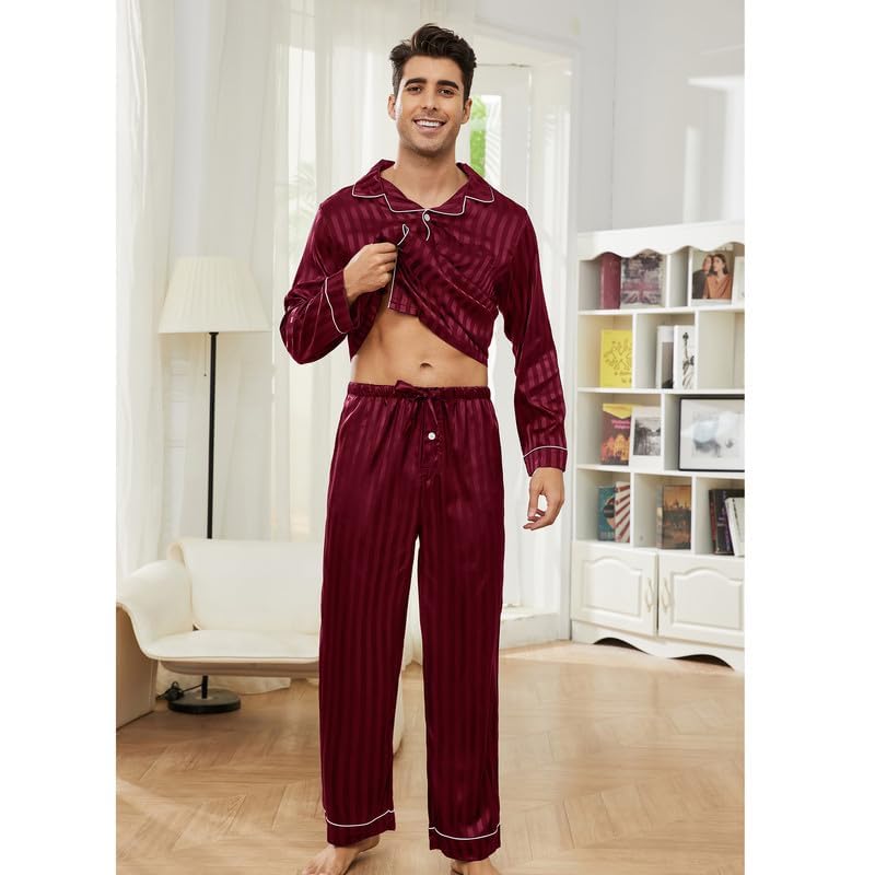 Image of U2SKIIN Silk Pajamas for Men, Long Sleeve Men Satin Pajamas Set Striped Button Down 2-Piece Pjs Set