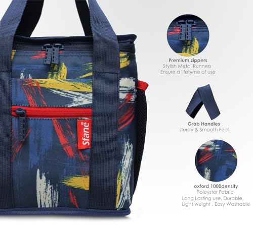 Image of Sfane Insulated Lunch Bag - Compact, Easy Wash, Smooth Zipper & Lightweight - Tote Bag & Container, Tiffin Bag for Men, Women, Adults (Navy Blue, Red & Yellow)
