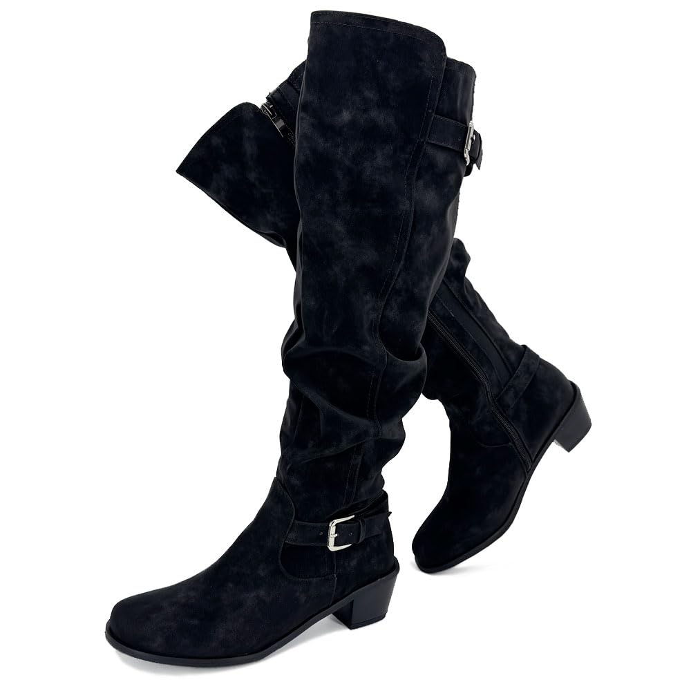 YING LAN Womens Wide Calf Knee High Boots Leather Chunky Heel Round Toe Side Zipper Riding Boots