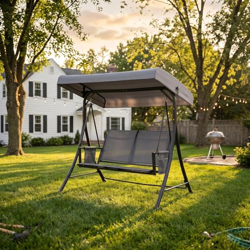 Image of PURPLE LEAF Porch Swing with Adjustable Tilt Canopy 2-Seat Patio Swing with Stand and Metal Steel Frame All-Weather Outdoor Swing Chair Seat Space-Saving for Backyard Garden Deck (Grey)