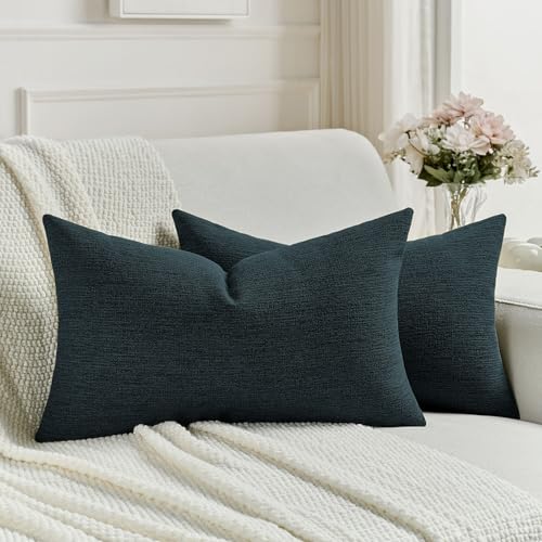 FUTEI Navy Blue Chenille Decorative Throw Pillow Covers 12x20 Inch Set of 2,Soft Cozy Faux Linen Textured Lumbar Pillow Cases,Farmhouse Home Decor for Couch Living Room