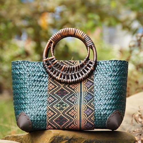 Bolso de playa para mujer, bolso tote de ratán artesanal, asa redonda de bambú miniatura 3