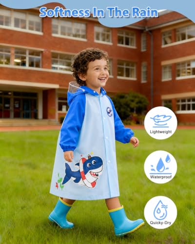 Image of ANYCHO Raincoat for Kids 3-7 Years with Wide Brim & Backpack Space, Knee-Length EVA Kids Raincoat for Boys with Safe Reflective Strips