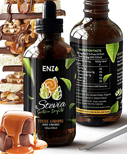 Enzo Liquid Stevia Drops Our Zero Calories Sweetener (4oz - 800 Servings/Bottle) - Toffee Caramel - All Natural flavoring with No Artificial Additives & Filler Ingredient
