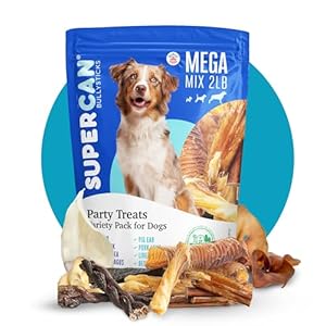 SUPER CAN BULLYSTICKS 2lb Mega Mix Natural Dog Chews Variety – Pig Ears, Cow Ears, Beef Lung, Liver, Trachea – Healthy Treats Small Medium Large Dogs – Long Lasting Bully & Gullet Sticks