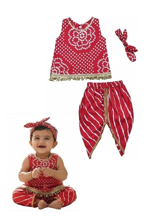 Image of The Root And Craft Kids Birthday Photoshoot Outfit Dress Girls Bandhani printed Top With Dhoti pant & Hairband Born Baby Photography Photoshoot Props(0to 18 Month)