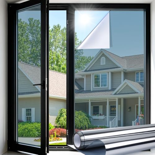 Image of LUTE One Way Window Privacy Film, Window Tint, Silver, 35.4 inch x 157.4 inch | Sun Blocking UV Heat Blocker, See Out Not in Reflective Mirror Film, Removable Static Cling Glass Coverings for Home Office