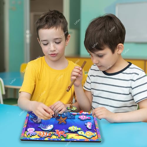 Image of Lefan Wooden Magnetic Fishing Game for Kids Montessori Toddler Toy with 1 Magnetic Rod and Assorted Wooden Fish Fine Motor Skill Development Toy for Boys & Girls Ages 3 4 5 6 7+