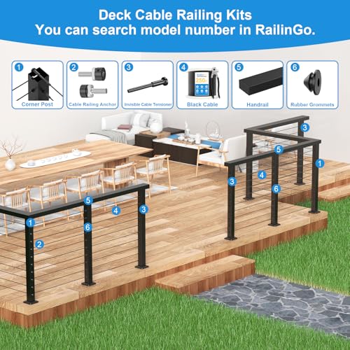 Image of 36 inch Cable Railing Corner Post, Stainless Steel Flat Top Corner Post with Cable Grommets, 2 inchx2 inch 90 T-Drilled Metal Corner Post for Deck, Black Deck Cable Railing System, RG33