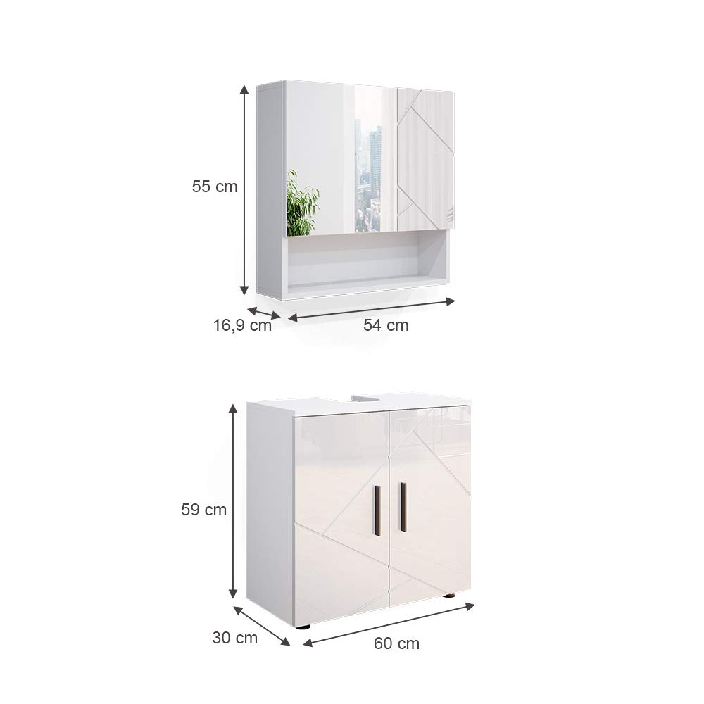 Vicco Set mobili bagno Irma, Bianco lucido, 80 cm, composto da specchio da bagno e mobile sottolavabo