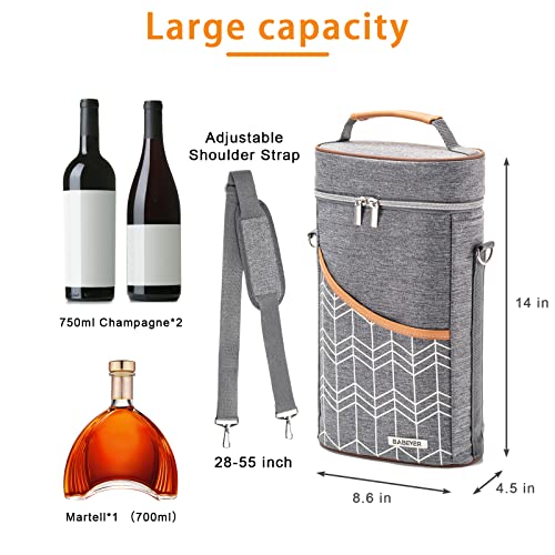 BABEYER 2 Bottles Insulated Wine Tote Bag Cooler Carrier for Tasting, Party, Travel, Beach, BYOB Restaurant, Sport Events - Gifts for Women Lovers - Grey - Thumbnail 2