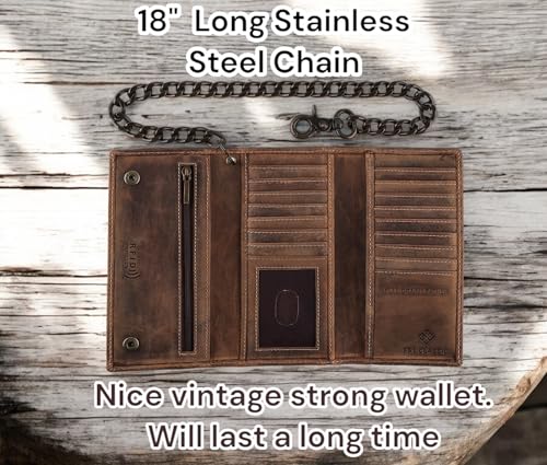 Image of F&L CLASSIC RFID Blocking Mens Tri-fold Long Style Cowhide Leather Steel Chain Wallet,brown flag,212-100