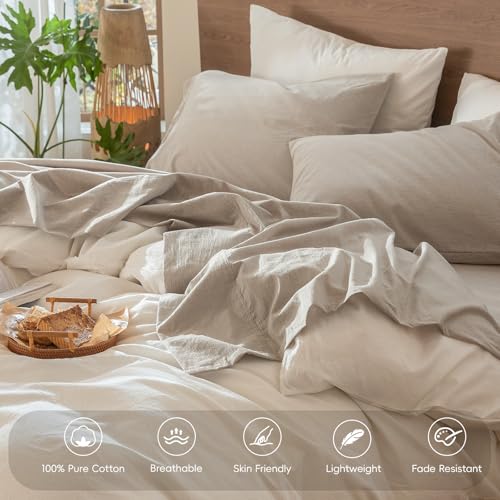 Image of MooMee Bedding Sheet Set 100% Washed Cotton Linen Like Textured Breathable Durable Soft Comfy (Heathered Tannish Linen Grey, King)
