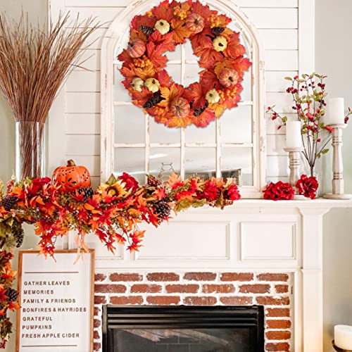 Fall Wreaths For Front Door 20 Inch With Wreath Hanger - Halloween Wreath Artificial Pumpkin Maple Leaf, Harvest Autumn Fall Door Wreath Decorations For Window Front Porch Thanksgiving Fall Decor #TOP4