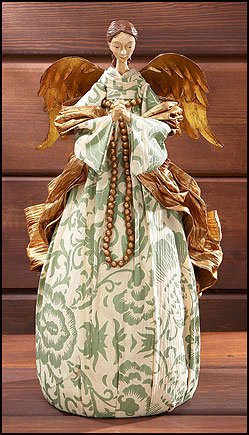Golden Winged Christmas Angel 19.5" Tall Light Green and Ivory Garment with Golden Bead Strand and Shawl2