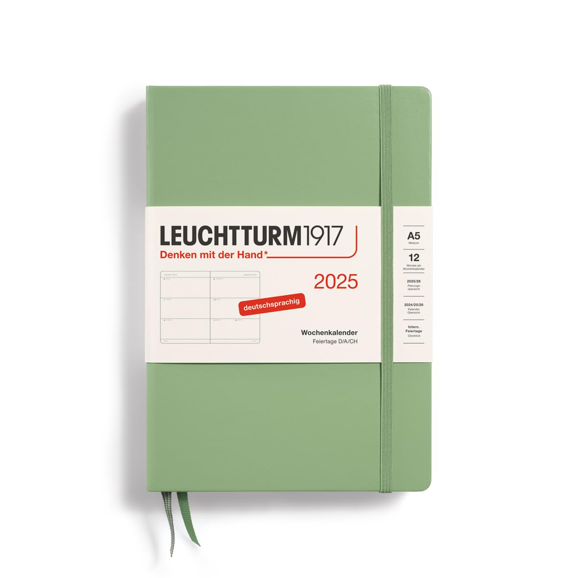 LEUCHTTURM1917 370545 Weekly Planner 2025, Medium A5 Hardcover - 12 Month Planner, 80 g, Lined - Sage