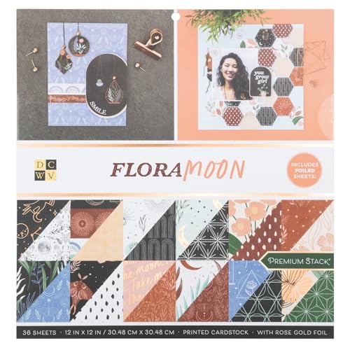 DCWV Printed Cardstock Paper 12x12, 36 Sheets of Scrapbook Paper for Crafts and Card Making, Double Sided Heavy Duty Cardstock with Foil Accents - Flora Moon