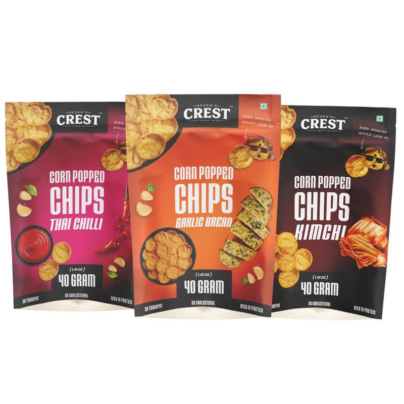Seven’s Crest Corn Chips Combo – Garlic Bread + Kimchi + Thai Chilli (40g) Each | Crunchy, Savory & Healthy Snack | No Trans Fat | No Preservatives | Gluten-Free | Guilt-Free Snacking-image-4