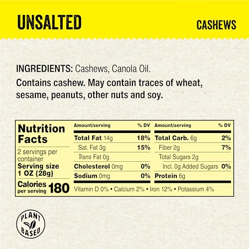 Image of IChoose Unsalted Cashews, 2oz Individual Snack Packs (20 Count Bulk) - No Salt Added Whole Roasted Cashews . Office, Family & Pantry Pack . Plant-Based Protein . Gluten Free