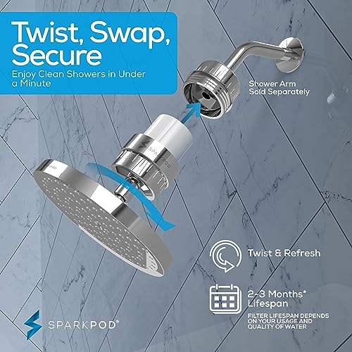 Image of SparkPod Filtered Shower Head, 23-Stage, 8 inch Round, Polished Chrome | Showerhead for Hard Water, High Pressure, Reduces Chlorine, Heavy Metals, For Dry Skin & Hair, Removable Capsule Filter