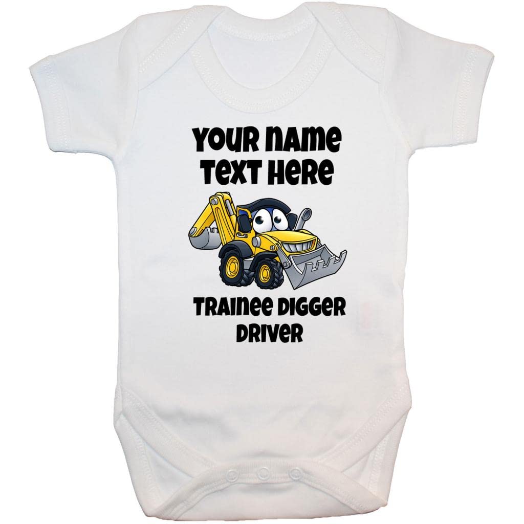 Acce Products White Trainee Digger Driver Personalised Name Colour Pic Baby Grow, Bodysuit, Romper, T-Shirt - 0-3 Months