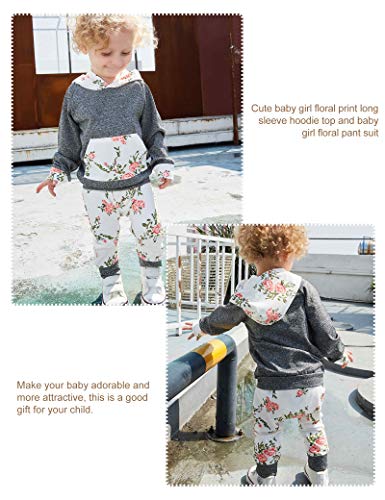 Image of Baby Girls Long Sleeve Flowers Hoodie Tops and Pants Outfit with Kangaroo Pocket Headband