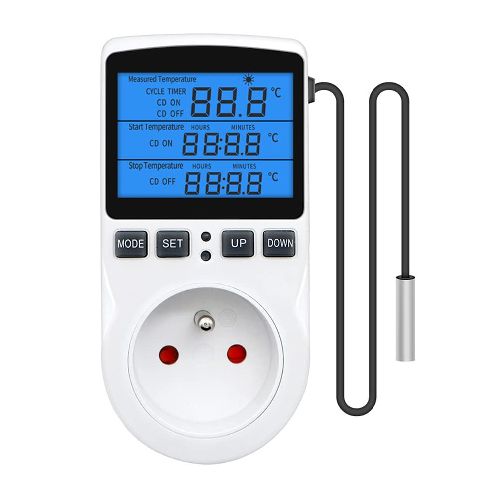 Thermostat Prise 220V pour Terrarium, avec Sonde, Régulateur de Température Numérique pour Chauffage et Refroidissement (Lumière Bleue)