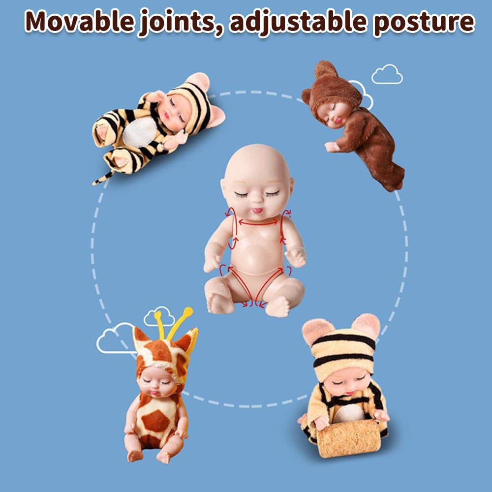 KOWVOWZ Mini Reborn Dolls, 4.3inch Mini Baby Dolls, Sleeping Rebirth Dolls Miniature Doll Toys Realistic Baby Doll with Cute Animal Clothes for Girls Boys Toddlers Kids (6Pcs)