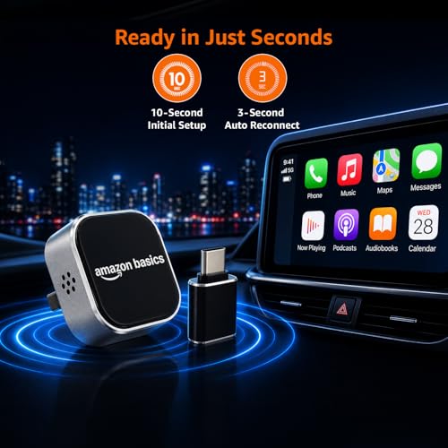 Image of Amazon Basics 2-in-1 Wireless CarPlay & Android Auto Adapter,Convert Wired to Wireless CarPlay Adapter,No Delay and Stable Control Mini Size, Bluetooth Connectivity