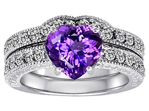 Star K 8mm Heart Shape Simulated Amethyst Wedding Set Sterling Silver3