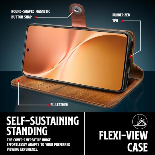 Image of WOW IMAGINE Shock Proof Flip Cover Back Case for Vivo V60 5G | V60e 5G | Vivo T4 Pro 5G (Designer Magnetic Button Flip Case | Inbuilt Wallet Pockets & Stand | Leather Finish | Alder Brown)