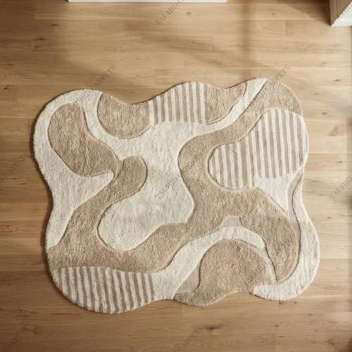 Image of Tauhid Carpet Super Soft Microfiber Shaggy Area Rug | Modern Irregular Abstract Beige & Cream Plush Carpet | Fluffy Floor Rug for Living Room, Bedroom 6 x 8 Feet.