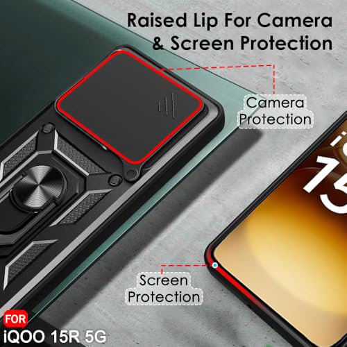 Image of TheGiftKart Back Cover Case for iQOO 15R 5G | Armor Bumper Case with Rotating Camera Cover, Kickstand & Ring Holder | 360 Degree Protection iQOO 15R Back Cover (PC & TPU, Black)