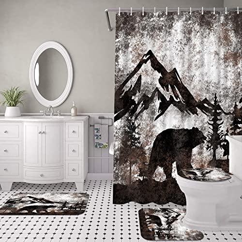 Atgowac 4 Piece Bear Shower Curtain Sets With Rugs, Bear Bathroom Set Rustic Bear Bath Mat Forest Wild Animal Bear Painting Prints Farmhouse Cabin Shower Curtain Bathroom Decor #TOP2