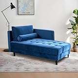 BAMOOLI 64'' Velvet Chaise Lounge Indoor, Modern Longue Chair Upholstered Chaise Longue with Support Pillow, Button Tufted Seat Cushion, Sleeper Sofa Recliner for Bedroom, Living Room, Apartment, Blue
