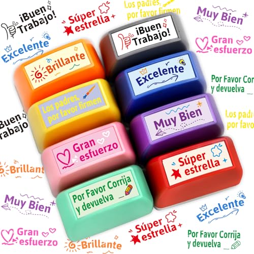 Fancy Land Spanish Classroom Must Haves Spanish Stamp Teacher Supplies 8Pcs | Spanish Self Inking Stamps, Classroom, Motivational, Grading Stamp Set, Kids, School, Homework, Test, Reward