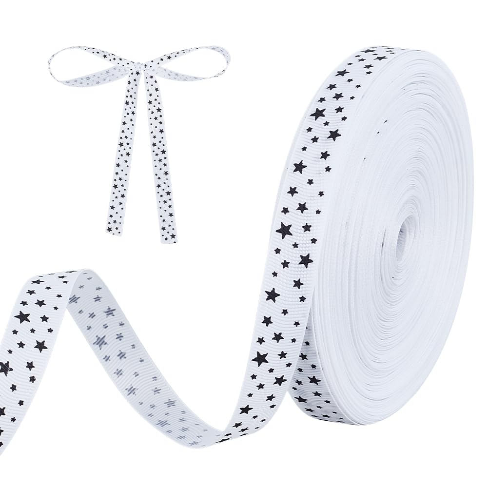 PH PandaHall 45.5m Stars Printed Ribbons Christmas Decorative Ribbons White Grosgrain Ribbon 15mm Wide Craft Ribbon with Black Stars for Wreath Crafts Bows Gift Wrapping Party
