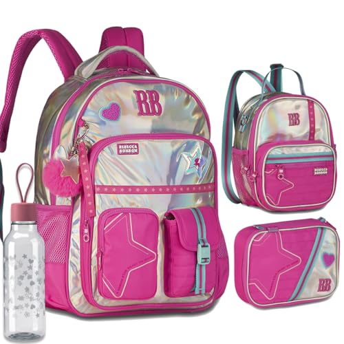 Kit Mochila Escolar Rebecca Bonbon RB 27020 Holográfica Rosa com Lancheira, Estojo box e Garrafinha coleção 2026