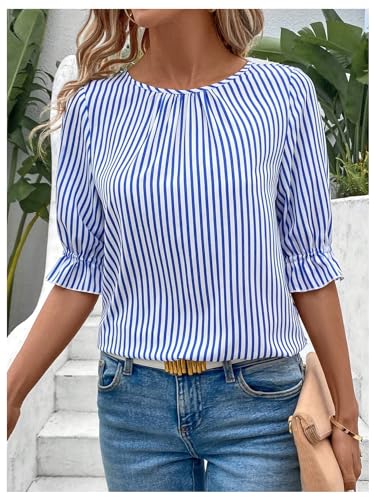 SweatyRocks Women's Button Back Decor Half Sleeve Crewneck Striped Blouse Tops4