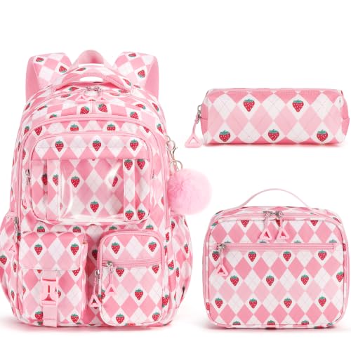 Image of Fimibuke Kids Backpack for School Girls, Waterproof Backpack w /Lunch Box | 3PCS Lightweight Pink Bow Bookbag w / Lunch Box Combo, Cute Backpack for Kids Girls Ages 6+ Elementary Middle School Teens