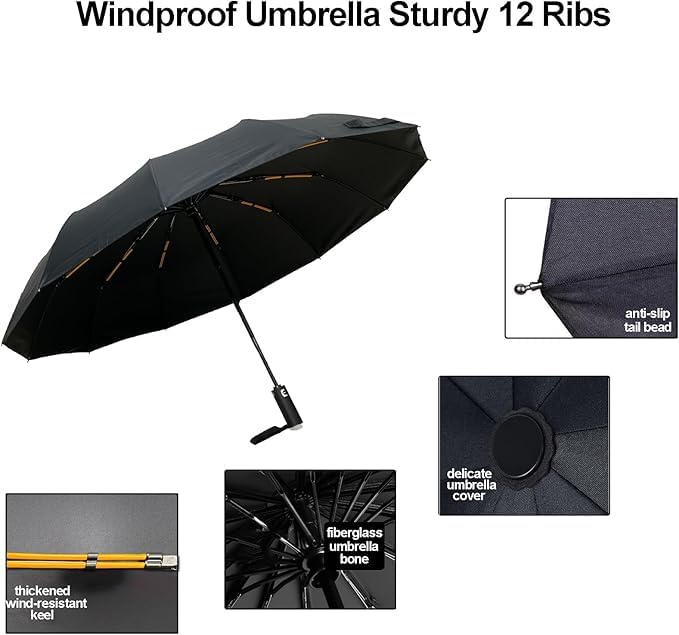 Image of Alexvyan 12 Ribs Car Large Travel Auto Open /Close Umbrella Windproof for Rain & Sun UV Protection, Strong Umbrella for Men & Women, Wind Resistant, Portable Folding Umbrellas for Backpack