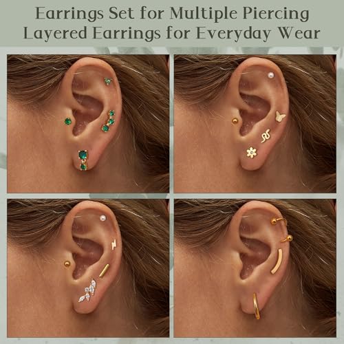 Small Gold Flat Back Earrings for Women Stainless Steel 20G Cartilage Stud Earrings Set for Multiple Piercing Butterfly Green CZ Flatback Earrings Helix Tragus Conch Piercing Jewelry2