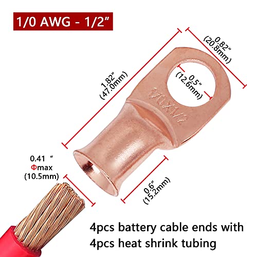 Image of 4pcs 1 /0 AWG-1 /2 inch Battery Lugs,Copper Wire Lugs,UL Listed Heavy Duty Battery Cable Ends,Tubular Ring Terminals,AWG Crimp Wire Ring Lugs,Battery Terminal Connectors with 3:1 Heat Shrink Tubing