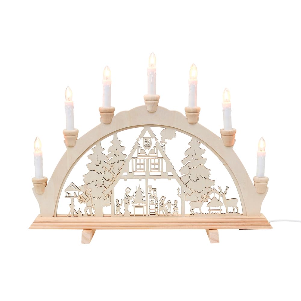 Wichtelstube-Kollektion Holz Schwibbogen Lichterbogen Fortshaus 45cm Schwippbogen Weihnachten Weihnachtsbogen Schwibbogen Weihnachten 7 Kerzen 230V Anschluss