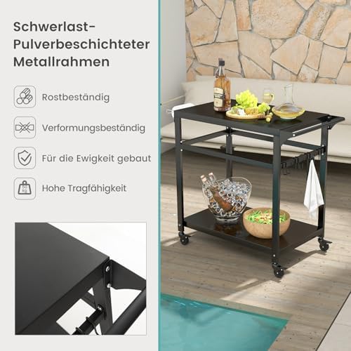 FANTASK Chariot de Barbecue d'extérieur avec 2 étagères, 4 roulettes et Crochets, Table d'appoint pour Barbecue, Chariot de Jardin, Chariot de Jardin pour l'extérieur, Noir