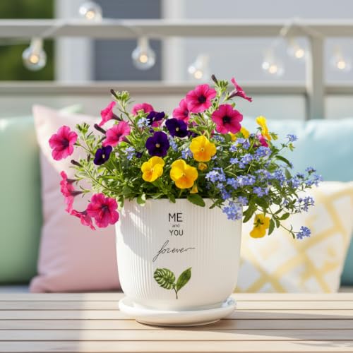 Image of Xtore Signature Ceramic Planter with Drainage Tray | Botanical Quote Print Flower Pot for Home, Study Table, Office Desk & Living Room Decor - (White, 1 Piece, Planter ONLY)
