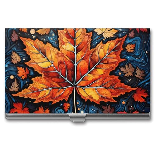 Slim Metal Business Card Holder - Yellow Maple Leaves Aluminum Alloy Card Case with Buckle Closure, Holds 20 Cards & Cash, Professional Credit Card Size ID Holder for Men Women Gift