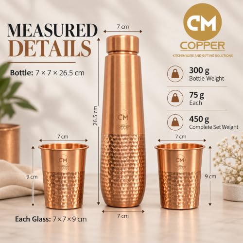 Image of Copper-Master Pure Copper Water Bottle 1L & 2 Glasses Set, Half Hammered